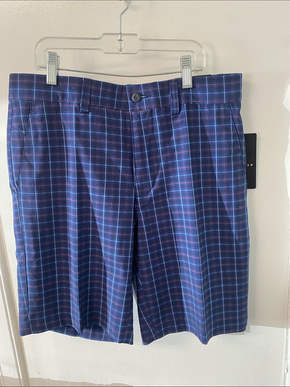 PGA Tour Navy and Blue Plaid Golf Shorts